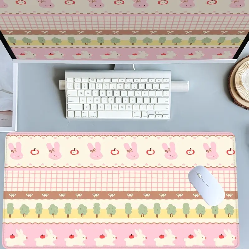Pink Rabbit & Apple Mouse Pads Gaming Mouse Pad Extended Mouse Pad Computer Desk Mat with Non - Slip Rubber Base Stitched Edges Surface, Cute Cartoon Pattern for PC Gamers, Office Workers & Home Use