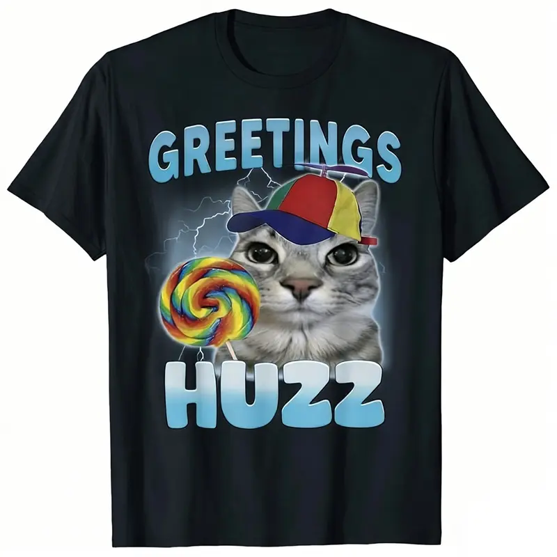 Mens Funny Cat Graphic T Shirt Greetings Huzz Retro Cartoon Kitty Lollipop Rainbow Hat Soft Cotton Crewneck Short Sleeve Summer Streetwear Gift For Him Casual Outfit Daily Wear
