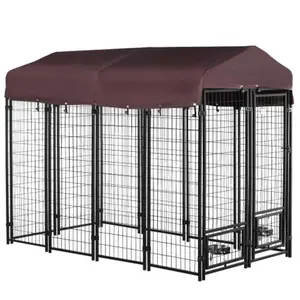 Outdoor Dog Kennel Rotating Bowl Holders Walk in Pet Playpen Welded Wire Steel with Water and UV Resistant Canopy Red