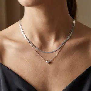 BA UNIQUE FASHION Stainless Steel Double Layered Heart Necklace for Women 2mm Herringbone Chain with Small Heart Charm Elegant Jewelry