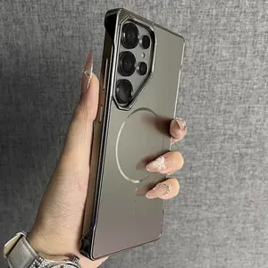 Ultra Thin Borderless Cover Funda For Samsung S25 Ultra S24Ultra S23 S22 Magnetic Wireless Charge Electroplating Hard Phone Case
