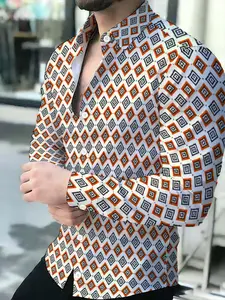 Geometric Pattern Long Sleeve Shirt for Men, Fashion Casual Shirt, Trendy Slim Design Top