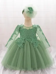 Girl's Floral Lace Embroidery Contrast Mesh Fit & Flare Dress & Flower Appliques Hairband Set, Elegant Long Sleeve Round Neck Dress & Hair Accessory for Party Wedding Birthday, Kids Clothes for All Seasons