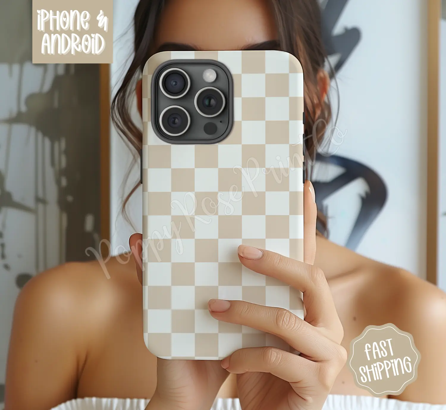 Beige Checkered Phone Case Mag Safe Compatible Magnetic Tough Cases