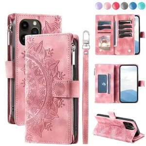 Floral Pattern Zipper Phone Case with Card Slot, Phone Wallet with Stand & Wrist Strap, Phone Accessories for iPhone 17 16 15 14 13 12 11 Pro Max Plus Air, Cover