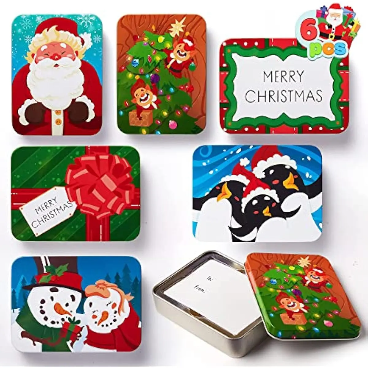 6PCS Gift Card Boxes Holder for Christmas, 4.33" x 2.6" x 0.6" Christmas Tins with Lids 6 Designs, Xmas Holiday Presents Decor, Party Favor Box