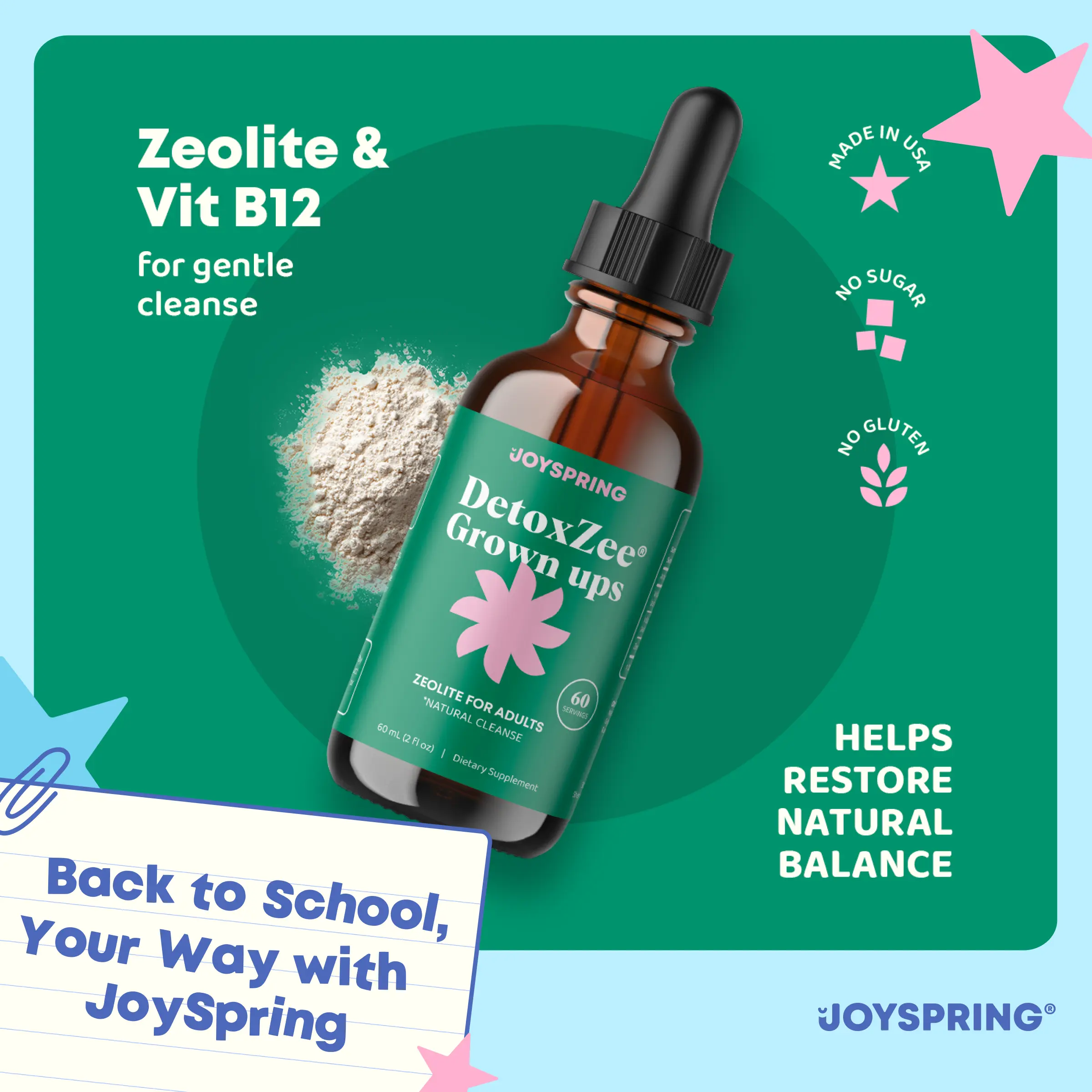 JoySpring DetoxZee Grown ups Zeolite Drops for Adults Natural Cleanse 60 Servings 60 mL Dietary Supplement