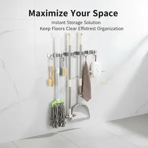 Stainless Steel Mop Broom Holder Wall Mount, Heavy Duty Drill Required Organizer, Rustproof Mop Clip for Kitchen Bathroom Garage