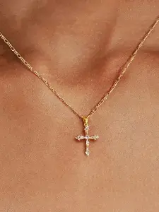 Women's Cross Necklace, Dual Cross Pendant 14k Gold Plated, Double Cross Pendant, Elegant Golden Cross Jewelry, Fashionable Small Cross Charm, Casual Style