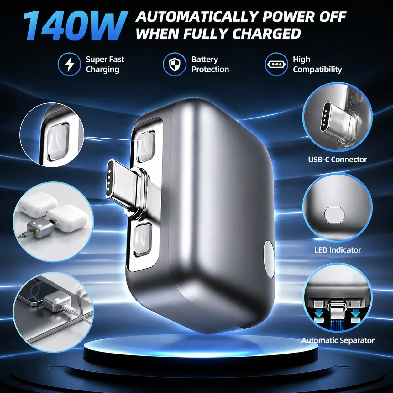 140W full-power splitter, 140W fast-charging adapter OTG converter, automatic power-off protection when the device is fully charged, suitable for mobile phones, computers, tablets, and other devices with Type-C charging ports. Cellphone Smartphone