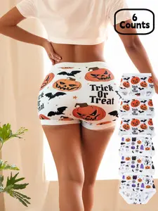 Women's Halloween Pumpkin Print Thong Panties, Breathable Comfortable Spider Web Design, Party Limited Edition Underwear Set