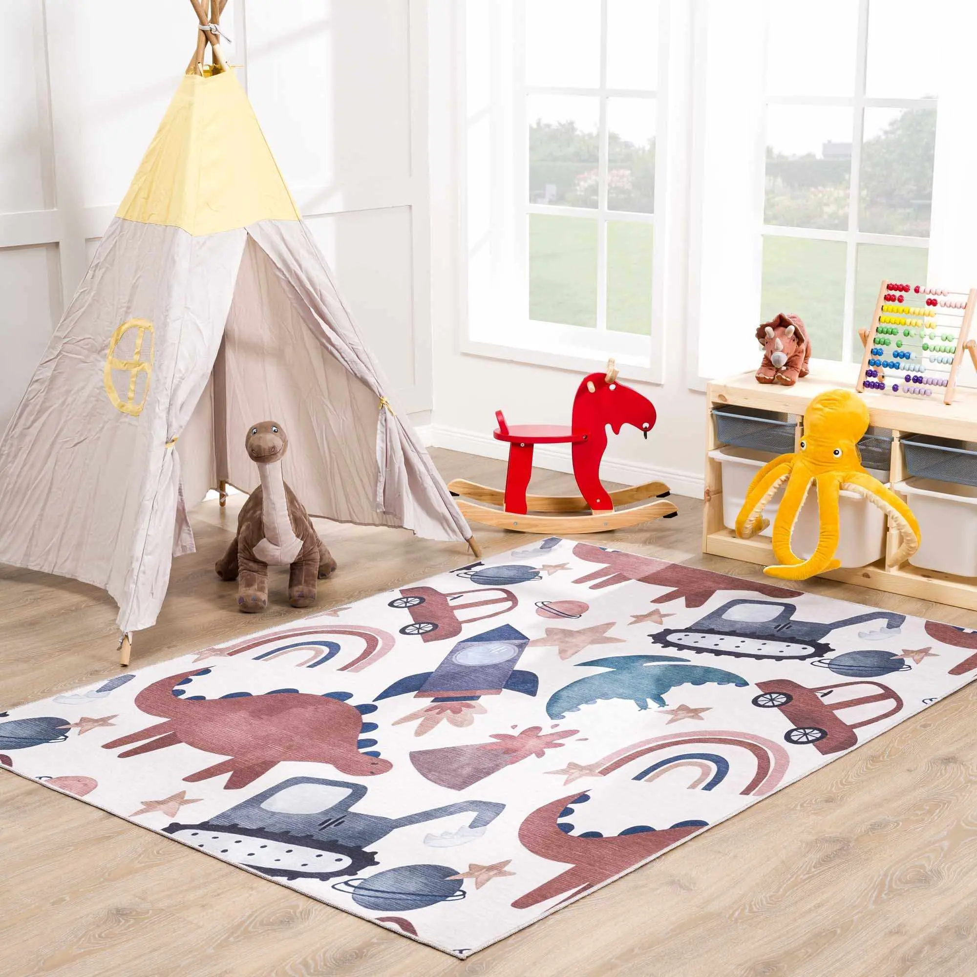 Libra Washable Kids Nursery Rug - Machine Washable Rectangle Child Cartoon Graphic Area Rug with Dinosaur, Rocket, Car, Rainbow Designs, Nursery Rugs