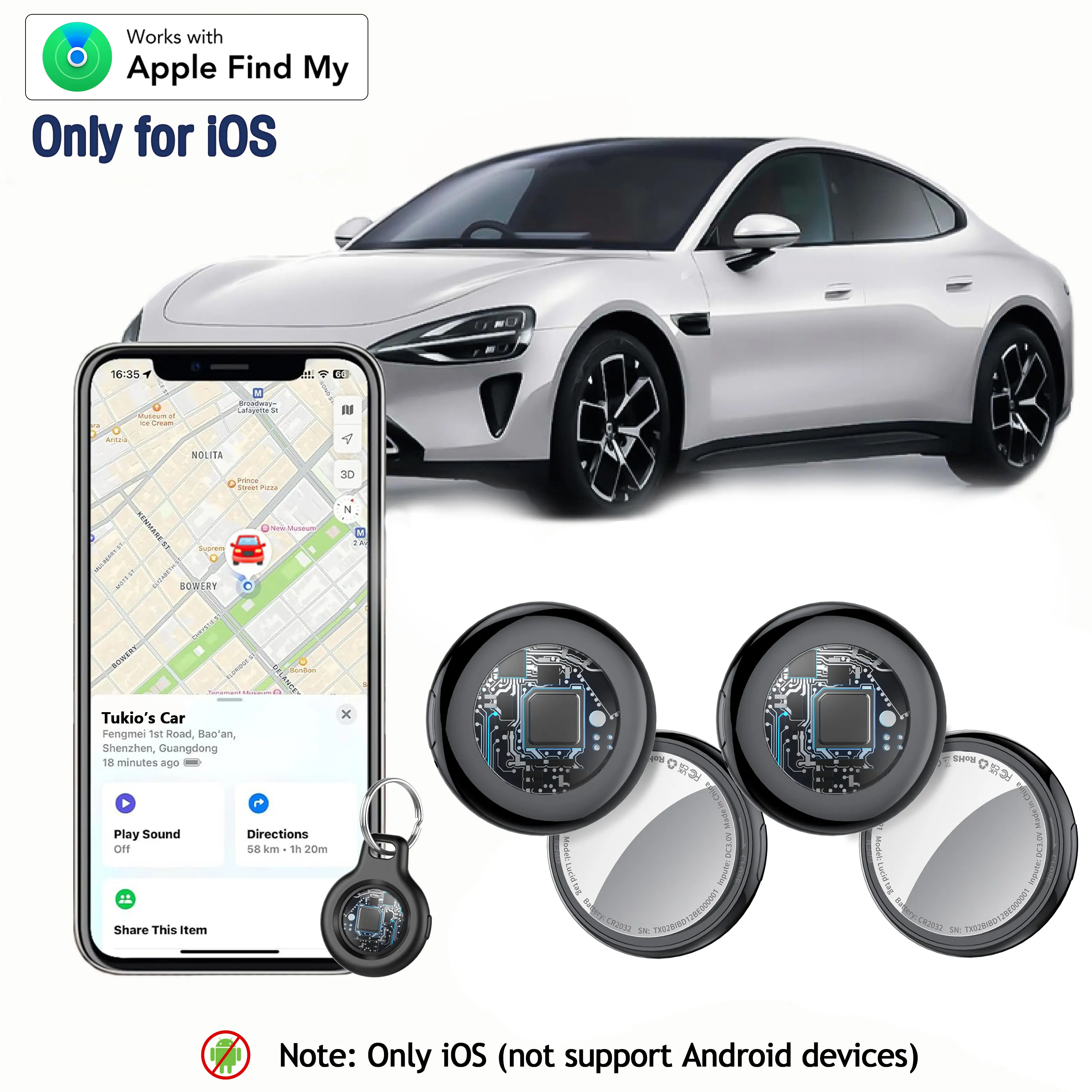 [Fall Deals] Tukio GPS Tracker Tag for Cars & Pets - Mini Clear Key Finder, Works with Apple Find My (iOS Only), Weatherproof IP67 Case, Replaceable CR2032 Battery, Anti-Lost Alerts, No Monthly Fees, Bluetooth Locator