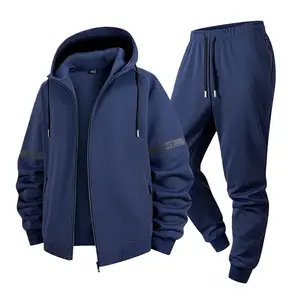 Men's Navy Blue 2-Piece Sportswear Set - Full-Zip Hoodie with Drawstring Waistband + Jogger Pants with Striped Accents and Soft Fabric, Perfect for Casual Workouts and Cooler Weather