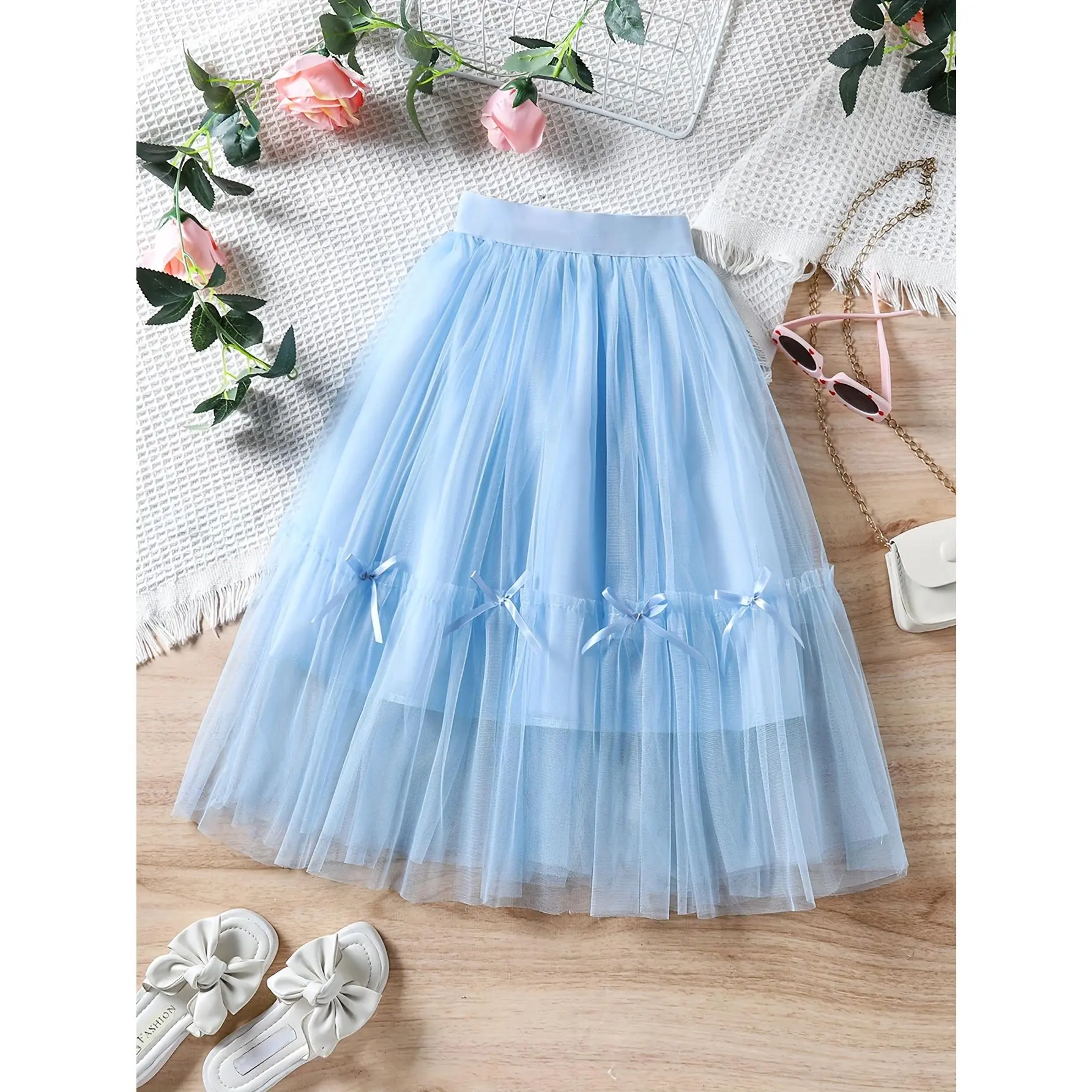 Transparent Tulle Fluffy Mesh Layered Pink Princess Fluffy Skirt Girl |                       Moderate Length Summer Transparent Skirt with Bow Detail and Elastic Waistband |                       Suitable for parties, performances and casual outings