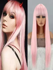 Pink Wigs with Bangs for Women Long Straight Pink Wig Colorful Synthetic Wig Natural Looking Hair Wigs for Daily Party Cosplay Use