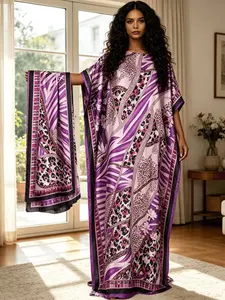 Lilac Purple Leopard Geometric Print Gold Rhinestone Embellished Kaftan Dress for Women, Plus Size Muslim Abaya with Matching Headscarf, Loose Batwing Sleeve Maxi Caftan, Modest Beach Cover Up, Dubai Style Islamic Robe for Vacation, Eid & Party Loungewear