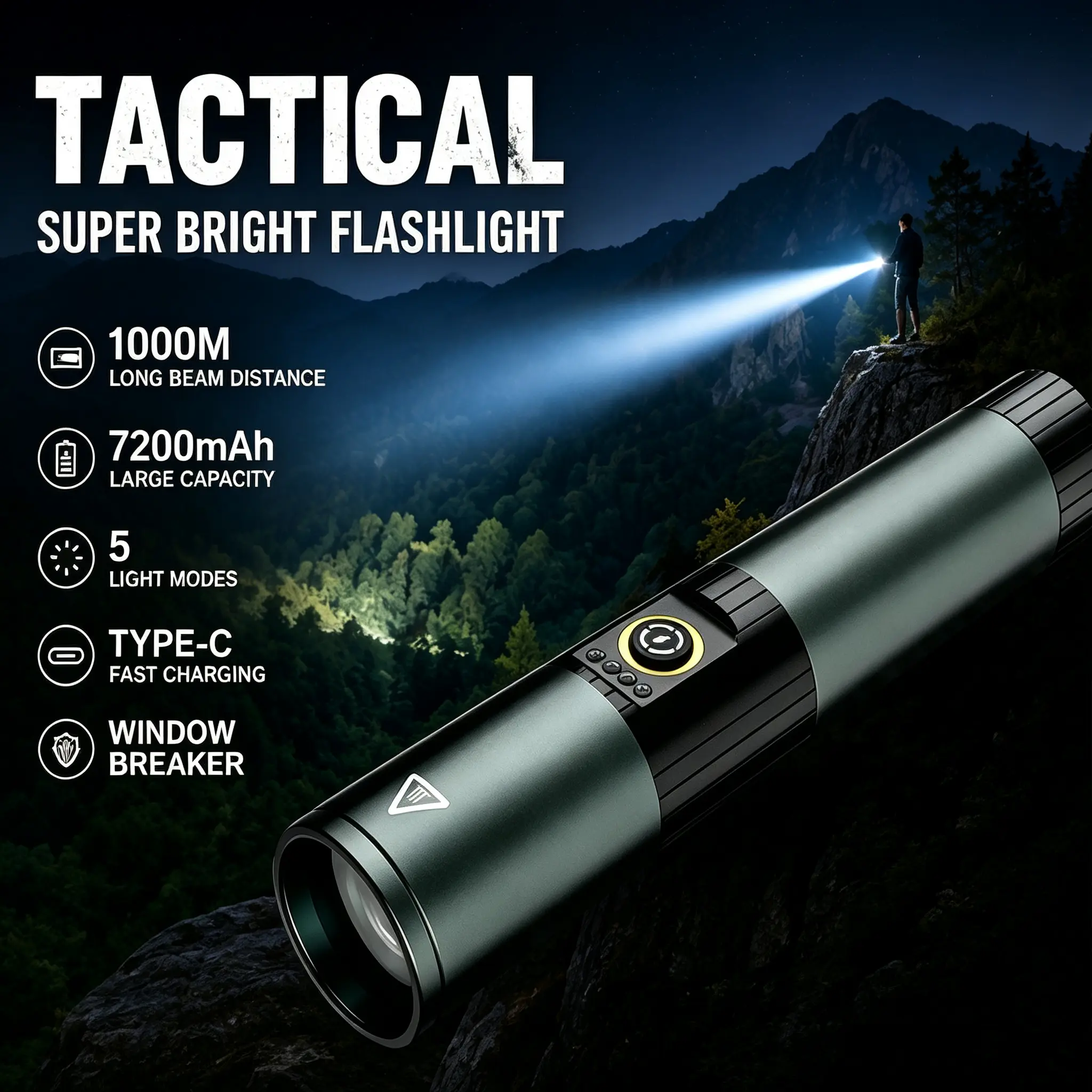 5-in-1 Tactical Super Bright Flashlight – 1000m Long Beam Distance, 7200mAh Rechargeable Torch with Window Breaker, Hidden Type-C Fast Charging & 5 Light Modes