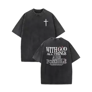 Women's 230gsm Heavyweight Natural Cotton Fabric T-Shirt - 2-Sided "With God All Things Possible" & Cross Print, Oversize Loose Fit, Round Neck Shortsleeve Ribbed Crewneck, Breathable Distressed Vintage Washed Minimalist Fashion Streetwear Tee summerwins,