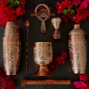 Mexican Barware Handmade Copper 7-Piece Tools Set- Silver Flowers Set