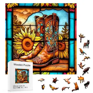 Western Cowboy Boot & Sunflower Wooden Jigsaw Puzzle, Stained Glass Style Unique Shaped Pieces, Gift for Country Lovers, Home Decor, Wooden Puzzles