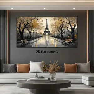 Eiffel Tower Canvas Wall Art Abstract Parisian Landscape Painting with Golden Autumn Trees High Quality Ink Print Modern Vintage Style Living Room Bedroom Office Decor Parisian Room Decor with Wooden Frame Ornaments Artistic