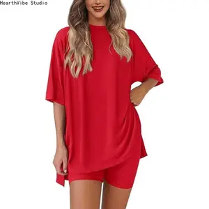 Crewneck Two-Piece Set For Women Summer Casual Oversized Split Hem Shirts & Side Pocket Biker Shorts Minimalist Lounge Wear Soft Viscose Fabric Comfy Homewear Cozy Pjs