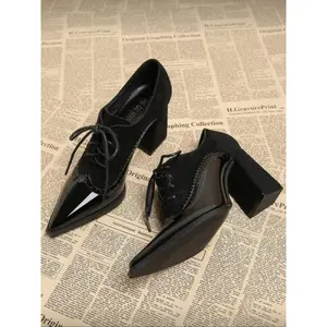 French Vintage Stylish Pointed Toe Shoes, Lace-Up Elevator High Heels, Casual PU Textile, All Seasons, Rubber Sole, Trendy Design