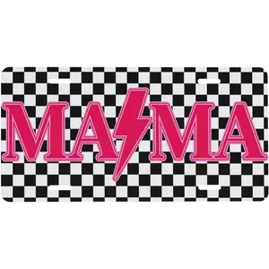 Pink Checkered Mama Front License Plate Cover, 6x12 in Rust-Proof Aluminum Plate with 4 Holes, Easy-Install Sporty Vanity Tag for Women’s Car, Truck