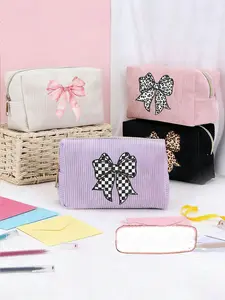 Fashion Women's Makeup Bag with Bow Print, Large Capacity Pencil Case, Durable Fabric Storage Bag, Versatile Corduroy Bag for All Seasons