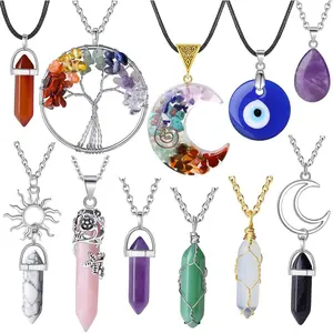 11 Pcs Crystal Necklaces for Women, Evil Eye Boho Chakra Hippie Pendant Beach Jewelry Set, Gifts