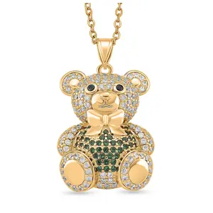 Cubic Zirconia Teddy Bear Pendant in Goldtone with Stainless Steel Necklace 20-22 Inches