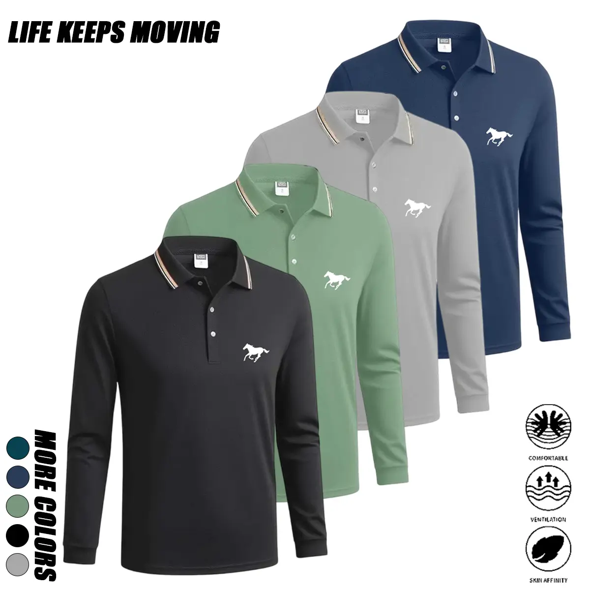 Men’s 4-Pack Horse Print Long Sleeve Breatheable Polo Shirts, Polyester Clothes, Athletic Chic Outdoor Golf/Equestrian Top, Breathable Comfortable Spring/Summer Layered Wear, Long Sleeve Shirt