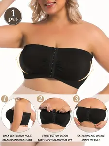 1 Piece Solid Front Buckle Bra Set, Nylon Knit Fabric Plus Size Strapless Lingerie Bandeau Bra, No Underwire Design, All Seasons Wear