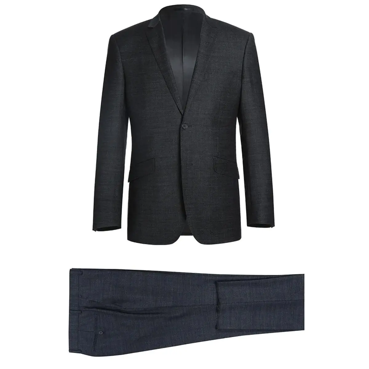 Mens Basic Two Button Slim Fit Wool Suit in Charcoal Grey Weave