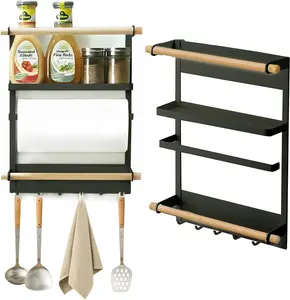 Magnetic Spice Rack for Refrigerator 3-Tier Wooden & Metal Organizer with 6 Hooks for Kitchen Utensils & TowelsFarmhouse Style Storage Solution for Small Kitchens