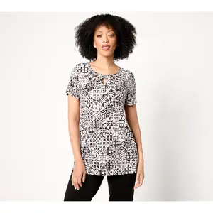 Susan Graver Petite Printed Liquid Knit Tunic with Grommet Detail