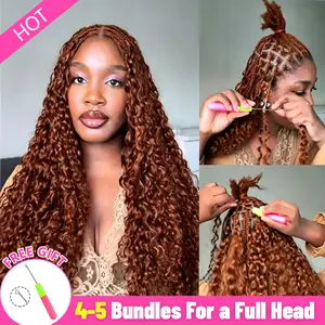 Curly Feather Crochet Human Hair For Braiding Reddish Brown Kinky Curly Invisible Knot PreSeparated Knotless Crochet Hair For Wig Beginners