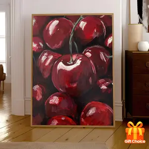 1pc Vintage Cherry Oil Painting Canvas Art Poster - Frameless Modern Wall Decor, Vibrant Red Cherries with Green Leaves, Perfect for Living Room, Bedroom, Office, or Dormitory - Unique Gift for Family and Friends, Cherry Decor