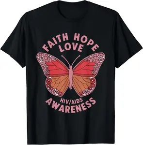 100% Cotton Faith Hope Love Butterfly HIV World AIDS Awareness Ribbon T-Shirt