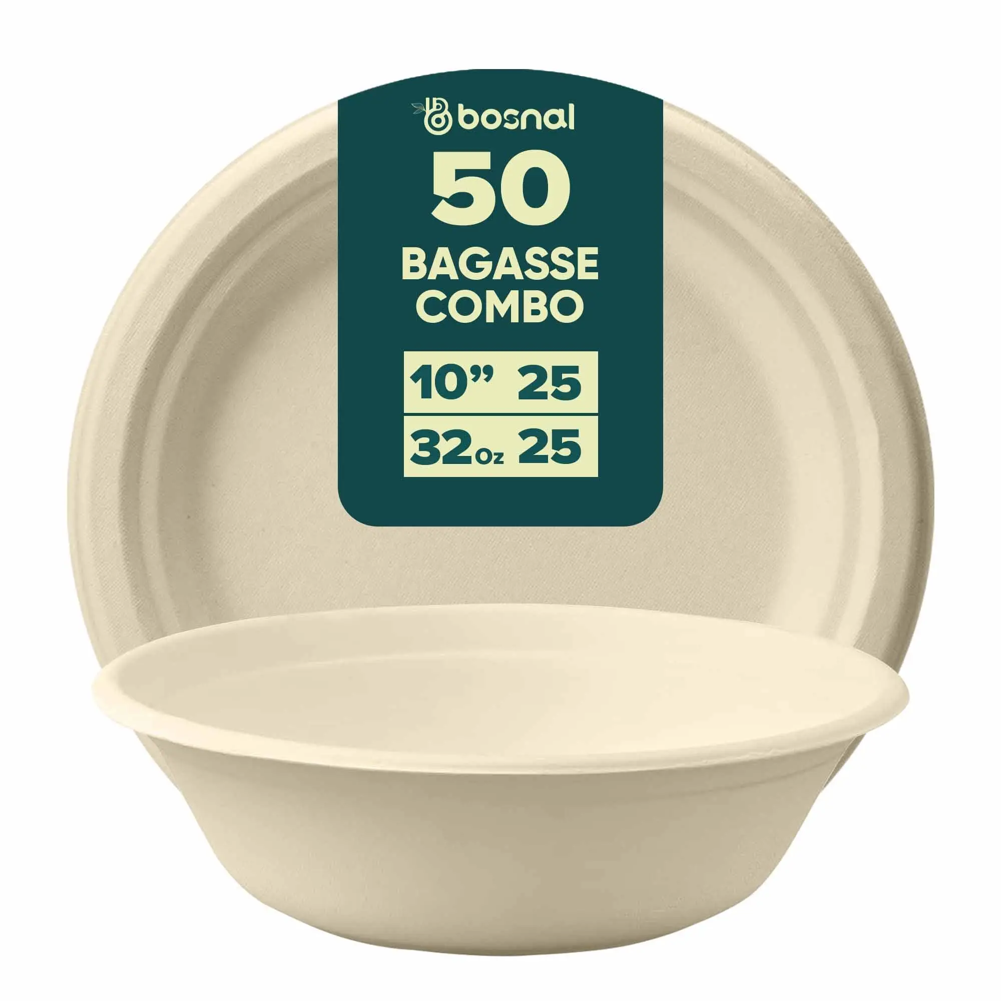 Compostable Bagasse Dinnerware Set, 10-Inch Plates & 32 oz Bowls