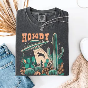 Howdy UFO Graphic Tee - Western Cowboy UFO Graphic Tee Ultra Soft Vintage Washed Cotton Blend Unisex Fit for Men and Women