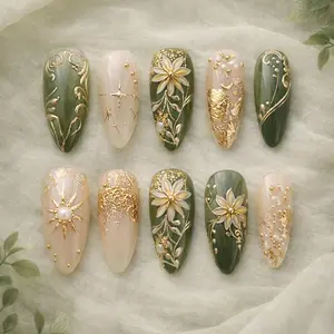 Sage Green Gold Press On Nails | Elegant Celestial Floral Almond Nails | Luxury Handmade Nail Set Gift for Her, Mom, Women & Friends | Unique Boho Gold Nail Art