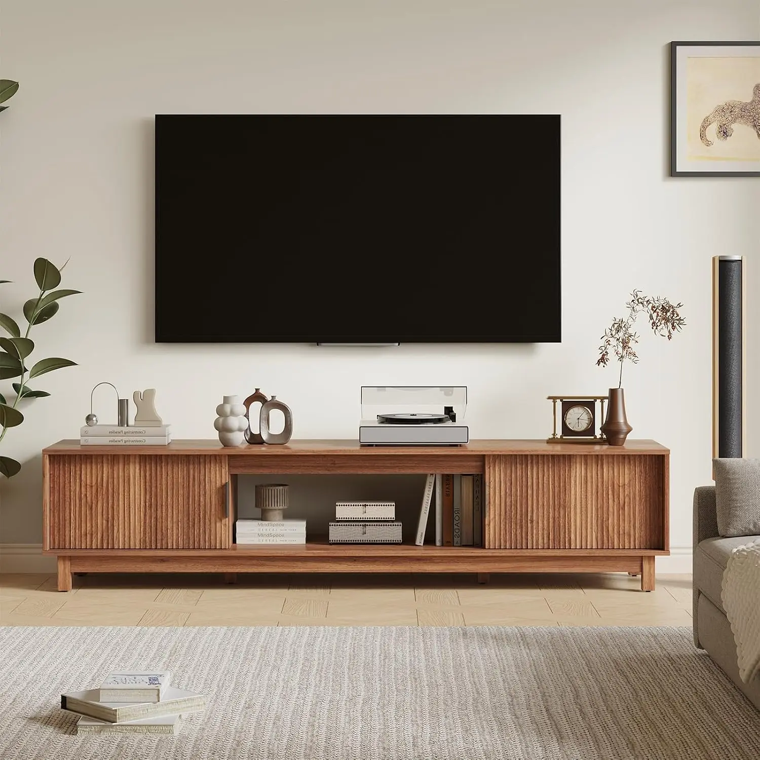70" Mid Century Modern Fluted TV Stand with 2 Soft Close Doors, Cable Hole & Adjustable Shelves, Storage Media Console Sideboard Entertainment Center for Living Room Office Bedroom