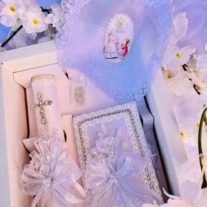 Boys' Traditional First Communion Religious Gift Set - 8in Candle, Rosary, New Testament, Decorative Elements in Box, Elegant Party Supplies for Ceremony (English & Spanish)