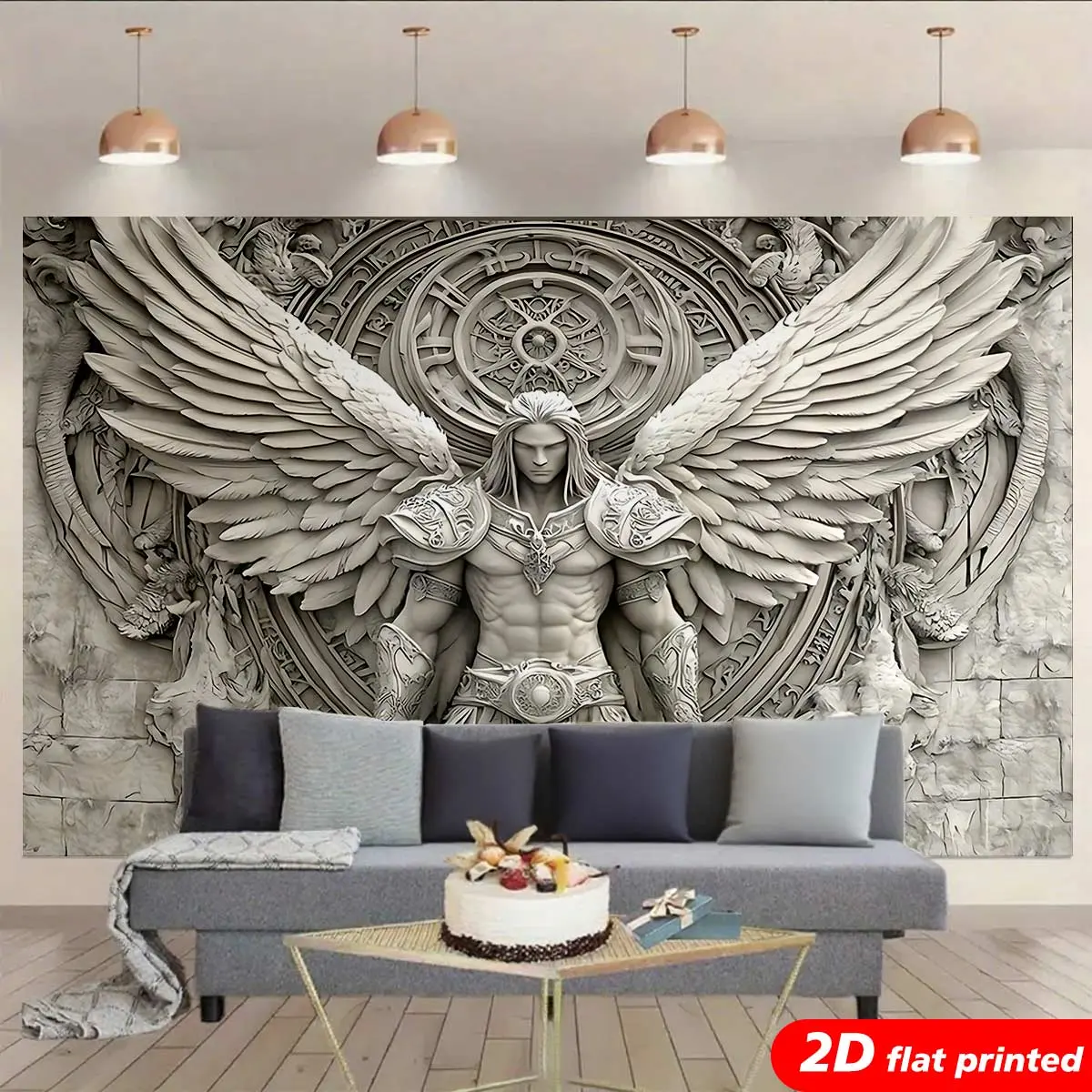 3D Effect Angel Warrior Signature Tapestry Wall Hanging - Fantasy Aesthetic 2D Flat Printed Sculpture-Style Winged Knight Wall Decor, Durable Smooth Wrinkle Resistant Gothic Living Room Decor Inspo, Arch Photo Backdrop Gift-Worthy Home Supplies