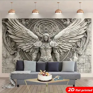 3D Effect Angel Warrior Tapestry Wall Hanging - 2D Flat Printed Sculpture-Style Winged Knight Artwork, Gothic Home Decor, Living Room Decoration, Photo Backdrop (Home Supplies)