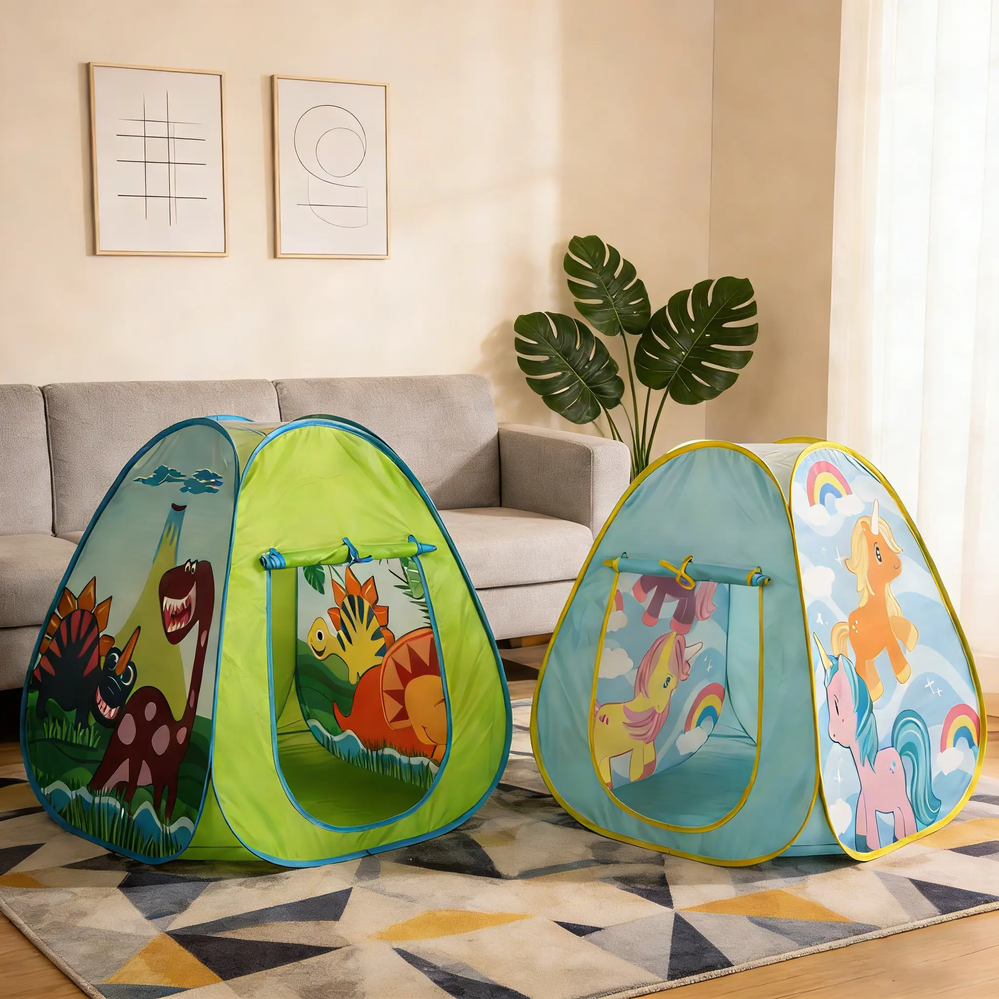 Unisex Foldable Breathable Play Tent House for Kids - Dinosaur & Unicorn Prints, Toddler Play Tent, Outdoor Playhouse, Cool Indoor-Outdoor Gift