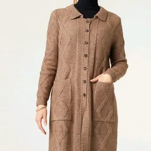 Knitwear Long Button Down Cardigan - Women's Long Coat with Button Front and Side Pockets, Casual Style - Womenswear