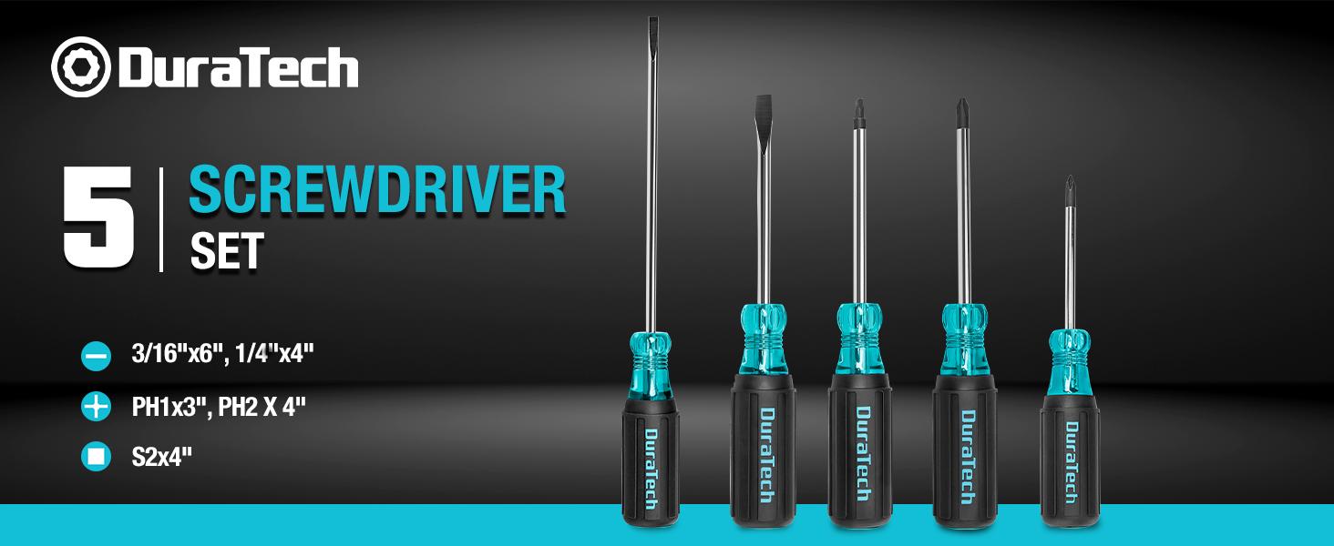 #backtoschool DURATECH 5 PCS S2 Steel Screwdriver Set, Professional Screwdrivers with Non-Slip Grip & Marked Specifications, 2 Phillips 2 Flathead and 1 Square Head Screw Driver, for Home and Industrial Use